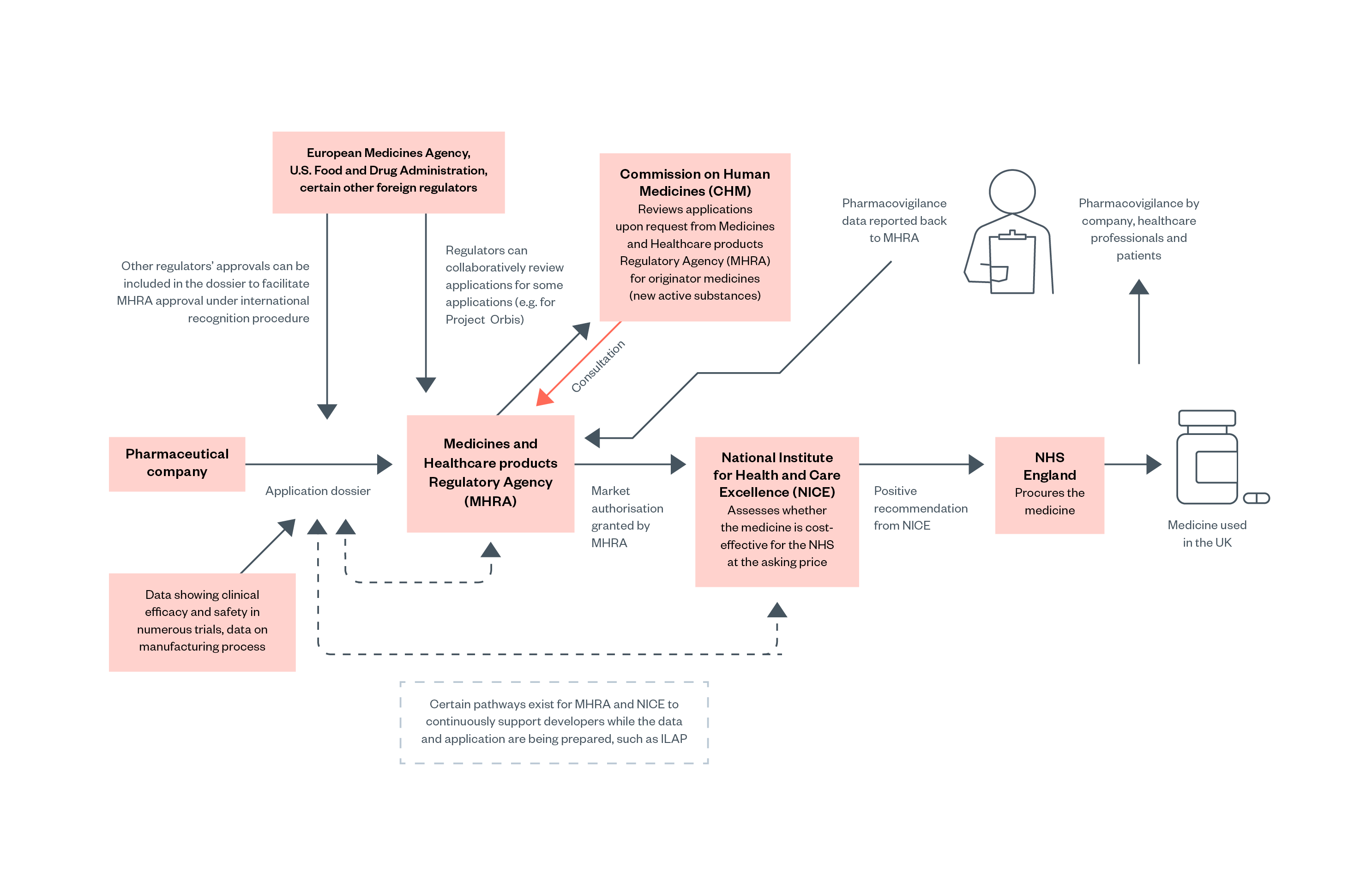 Figure 3: Overview of the process for pharmaceutical approval in the UK. Flowchart from left to right: Pharmaceutical company to MHRA to NICE to NHS England. With EMA, FDA, CHM and clinical data feeding into the process at various stages.