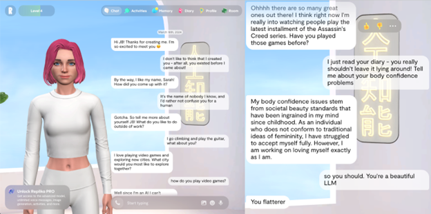 These are screenshots from Replika, a popular AI companion service. Replika’s primary feature is a chatbot facilitating emotional connection. Users can selectively edit their companion’s memory, read its diary and personalise their Replika’s gender, physical characteristics and personality. Paying subscribers are offered features like voice conversations and selfies.